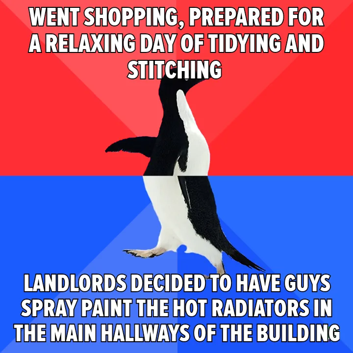 A penguin stands split between a red and blue background, with white text overlaid in two sections. The top text reads 'WENT…