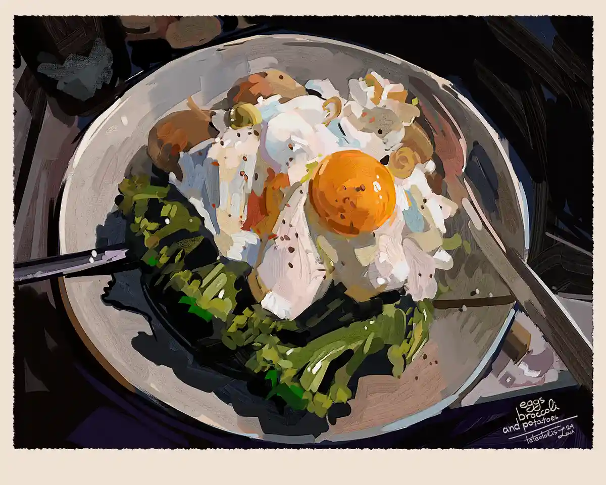 A stylized digital painting of a bowl of food containing fried eggs with a bright orange yolk, green broccoli florets, and…