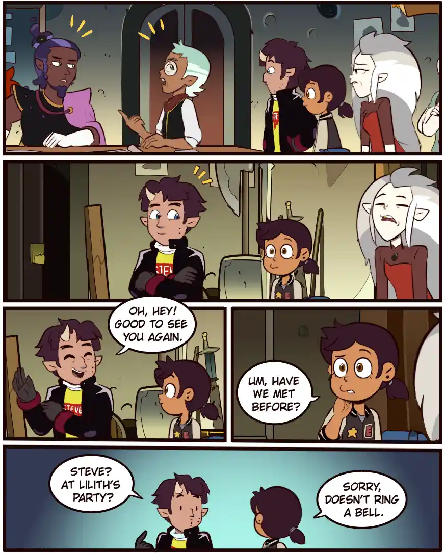 A four-panel comic strip from 'The Owl House' shows a character named Steve greeting another character, who then asks if…