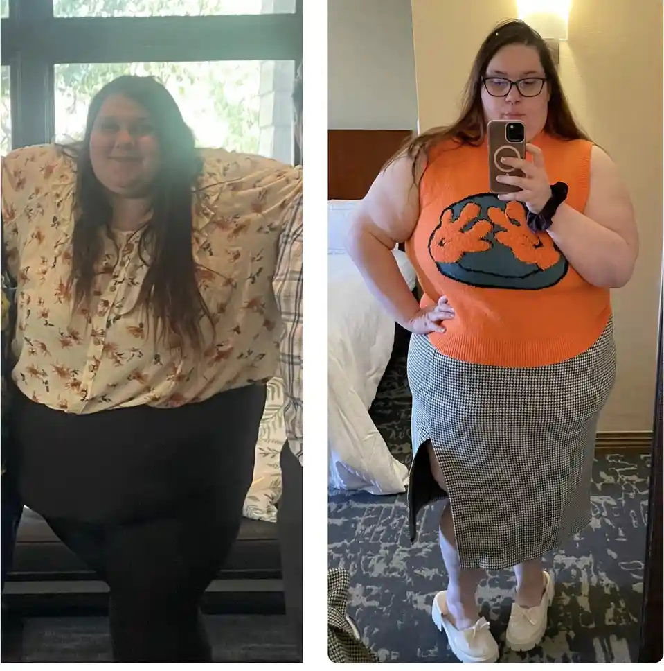 Two side-by-side photos of the same woman: left shows her in a floral blouse and black pants, right shows her in a bright…