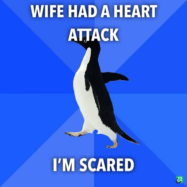 A black-and-white penguin stands against a blue geometric background, with bold white text above it reading 'WIFE HAD A…