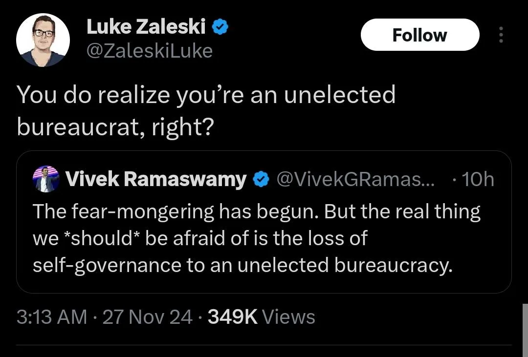 A screenshot of a Twitter thread shows Luke Zaleski replying to Vivek Ramaswamy. Zaleski's tweet asks, 'You do realize…
