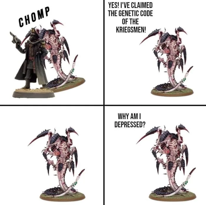 A four-panel meme featuring a miniature of a human-like figure with a gun and a monstrous, multi-limbed, skeletal creature…