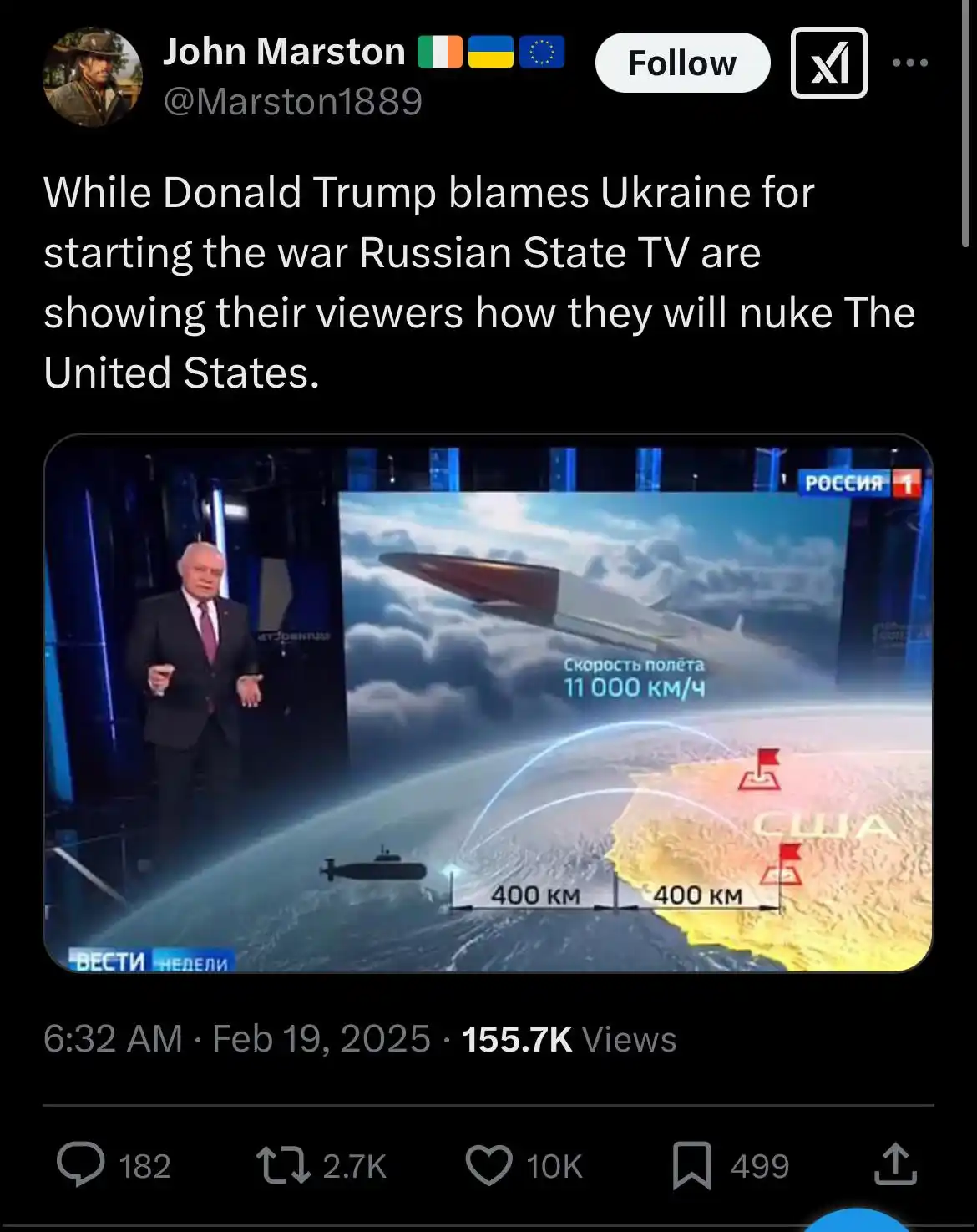 A screenshot of a Russian state TV news broadcast showing a graphic of a missile launch from a submarine toward the United…