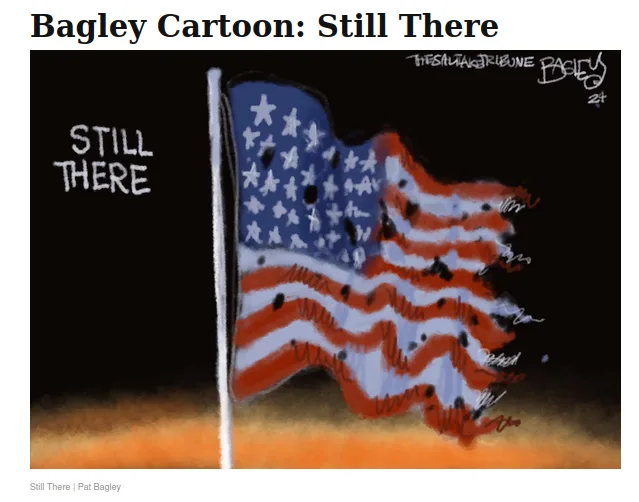 A cartoon American flag with numerous holes and torn sections, set against a dark background with an orange horizon. The…
