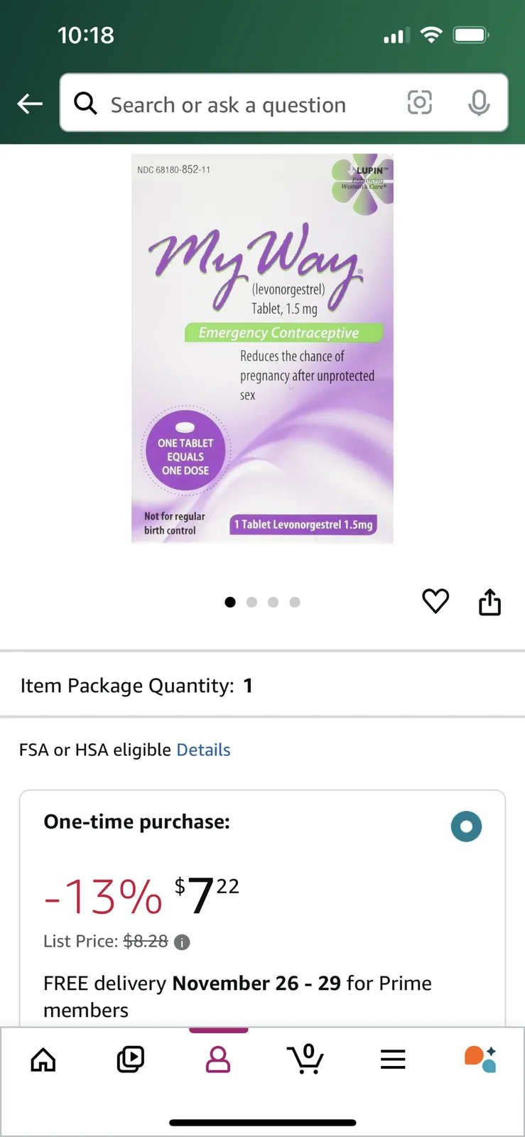 A screenshot of an Amazon product page for 'My Way' emergency contraceptive pills, showing the packaging image and a…
