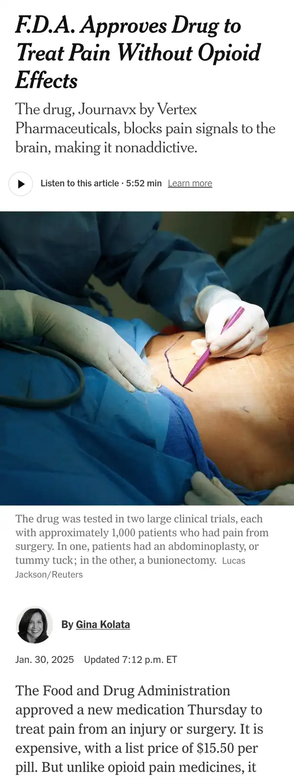 A screenshot of a news article about an FDA-approved non-opioid pain drug, Journavx, overlaid with a photo of a surgeon…