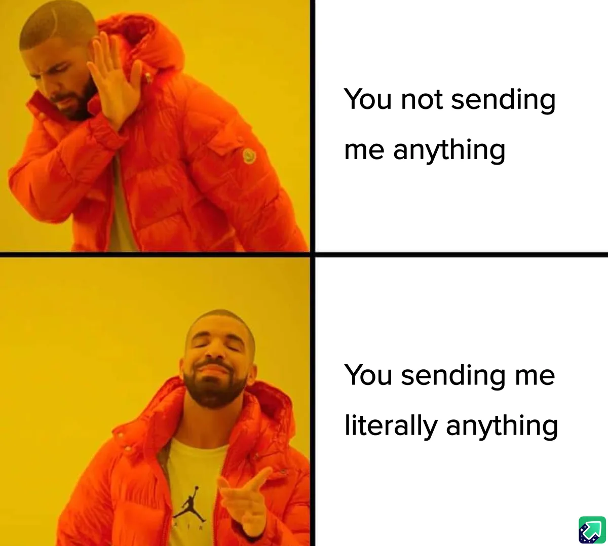 The image is a two-panel meme featuring Drake. In the top panel, he covers his ear with a frustrated expression, with text…