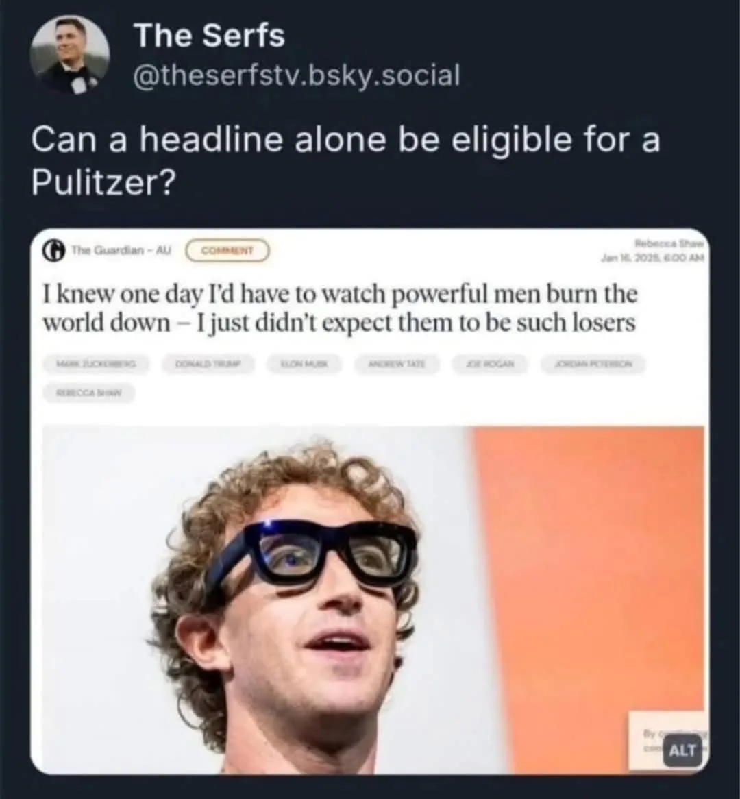 A screenshot of a social media post by 'The Serfs' shows a mock news article from 'The Guardian - AU' with the headline 'I…