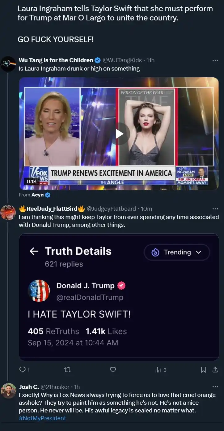 A screenshot of a Twitter thread shows a Fox News segment where Laura Ingraham is discussing Taylor Swift performing for…