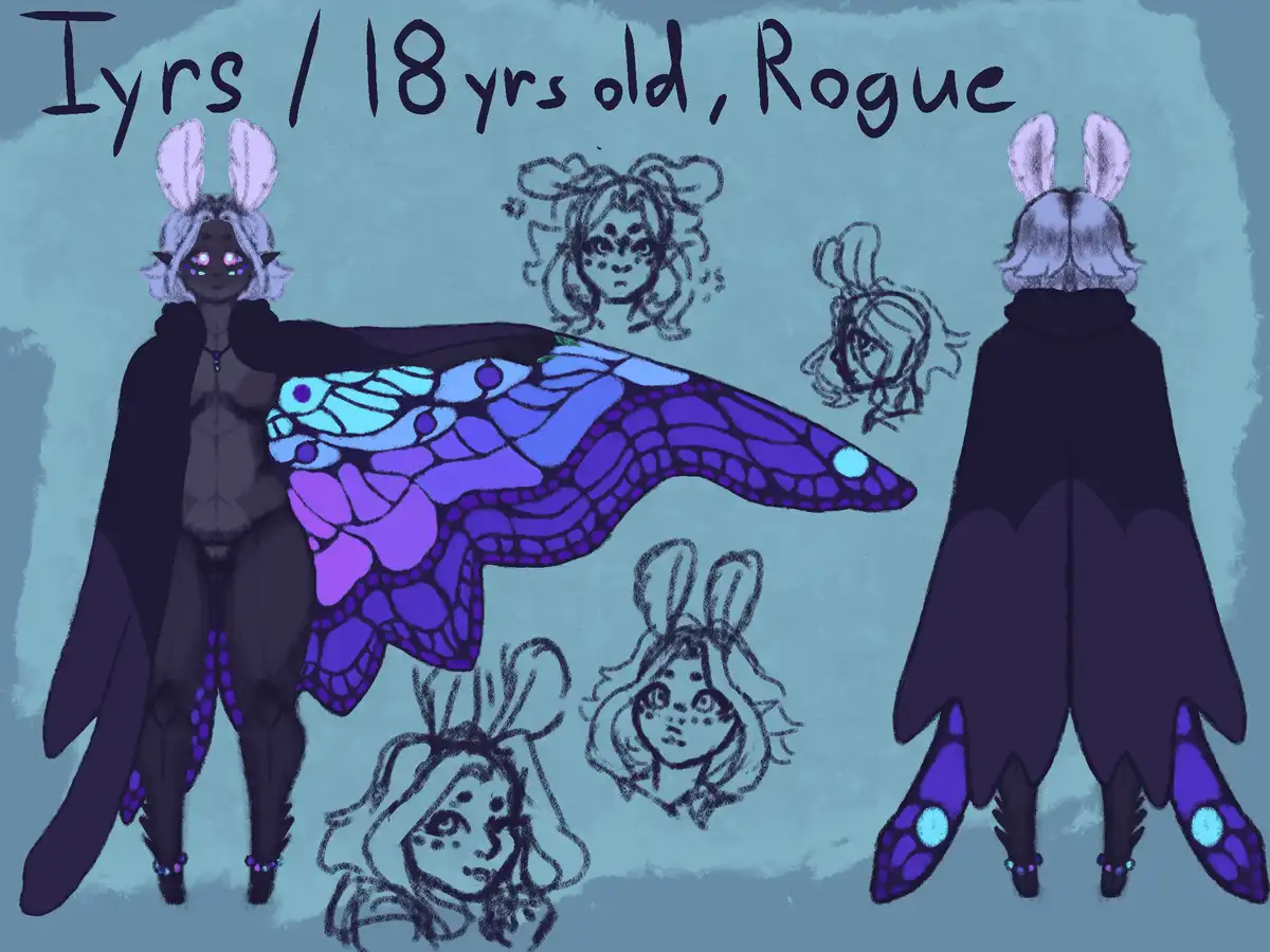 A character design sheet for 'Iyrs', an 18-year-old rogue, featuring a full-body front and back view of a humanoid with…