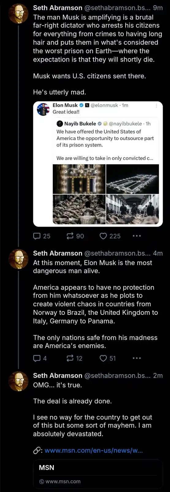 A screenshot of a Twitter thread by Seth Abramson reacting to a tweet from Elon Musk. Musk replies to a tweet from Nayib…