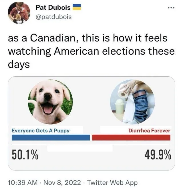 A Twitter post by Pat Dubois shows a poll graphic with two options: 'Everyone Gets A Puppy' (50.1%) featuring a happy puppy…