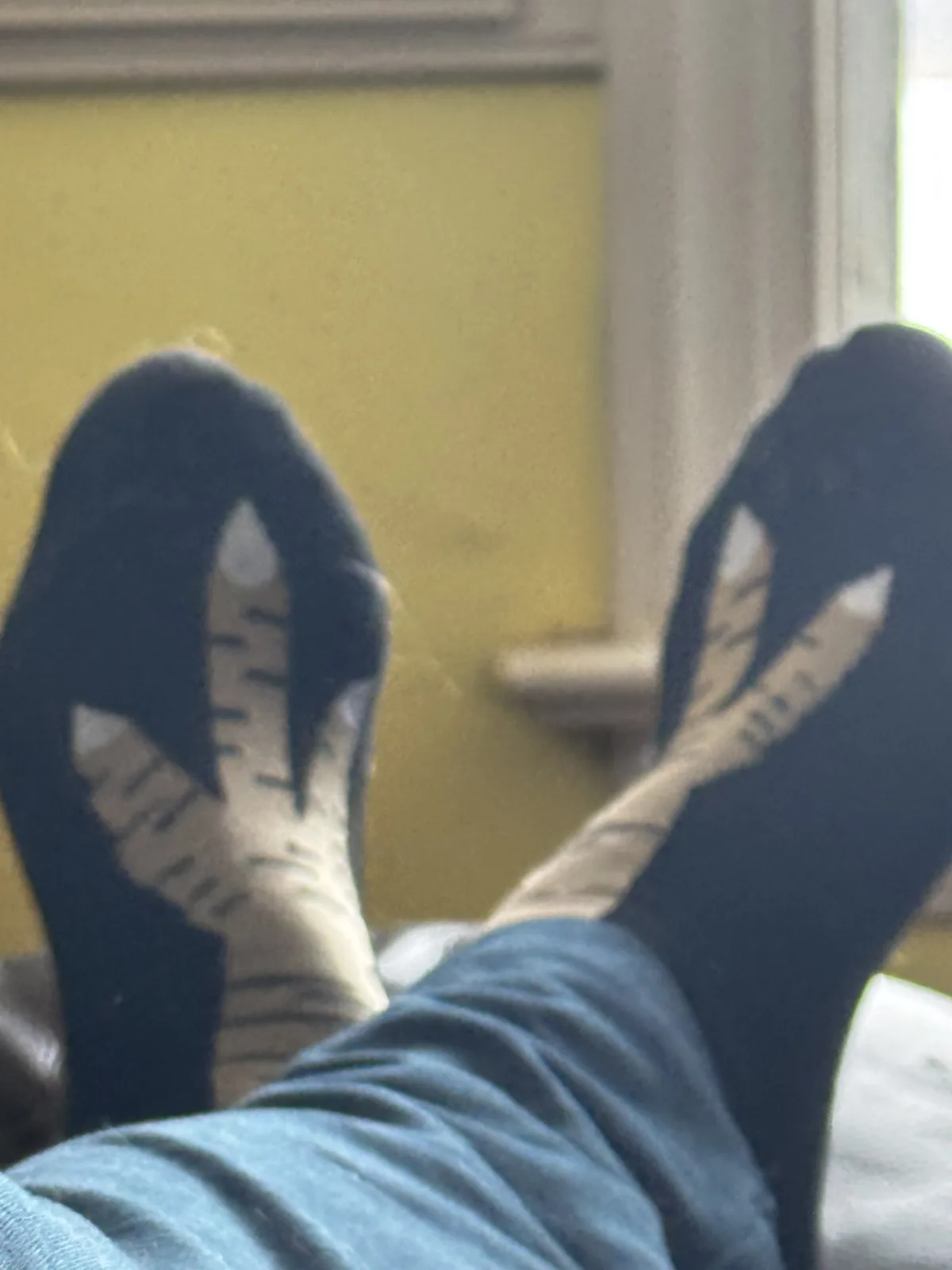 A close-up shot shows a person's feet in dark blue socks with a white tiger stripe pattern, resting upwards while wearing…