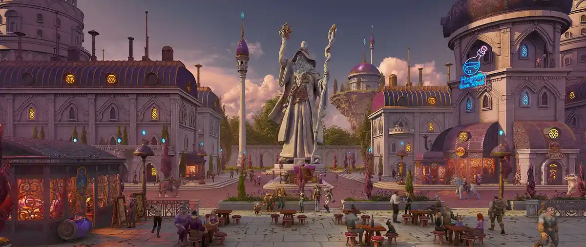 A vibrant fantasy city square features a large statue of a wizard holding a staff and orb, surrounded by people at tables…