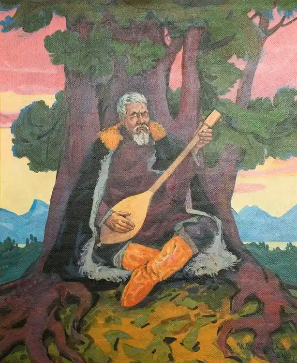 A painting depicts an elderly man with a white beard, wearing a dark robe with orange fur trim and bright orange boots…