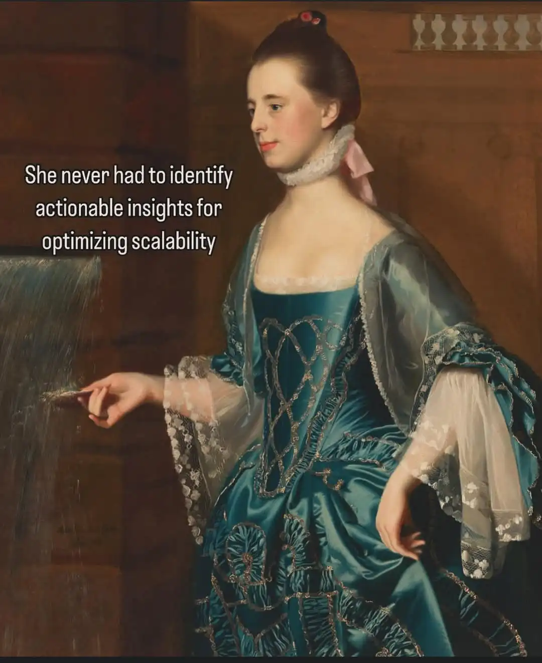 A classical portrait of a woman in an ornate teal gown with lace and embroidery, holding a paintbrush near a canvas. The…