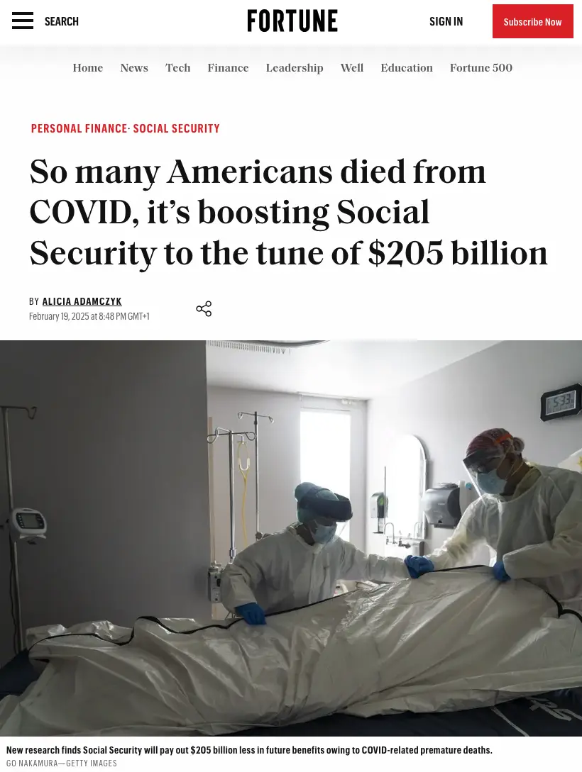 A screenshot of a Fortune magazine article with a headline stating 'So many Americans died from COVID, it's boosting Social…