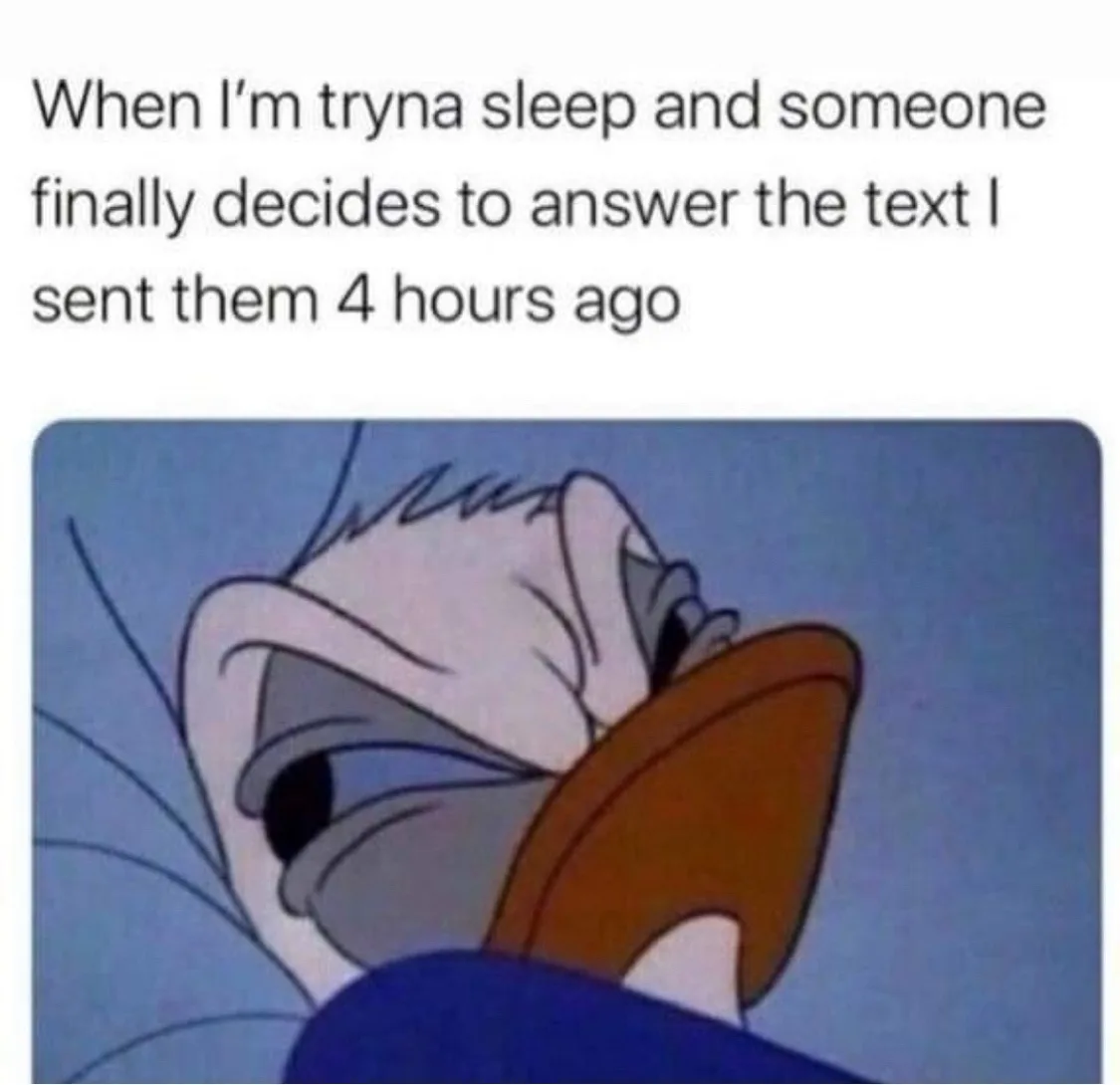 The image shows a close-up of Donald Duck with his eyes half-closed, looking exhausted and annoyed, as if he's about to fall…