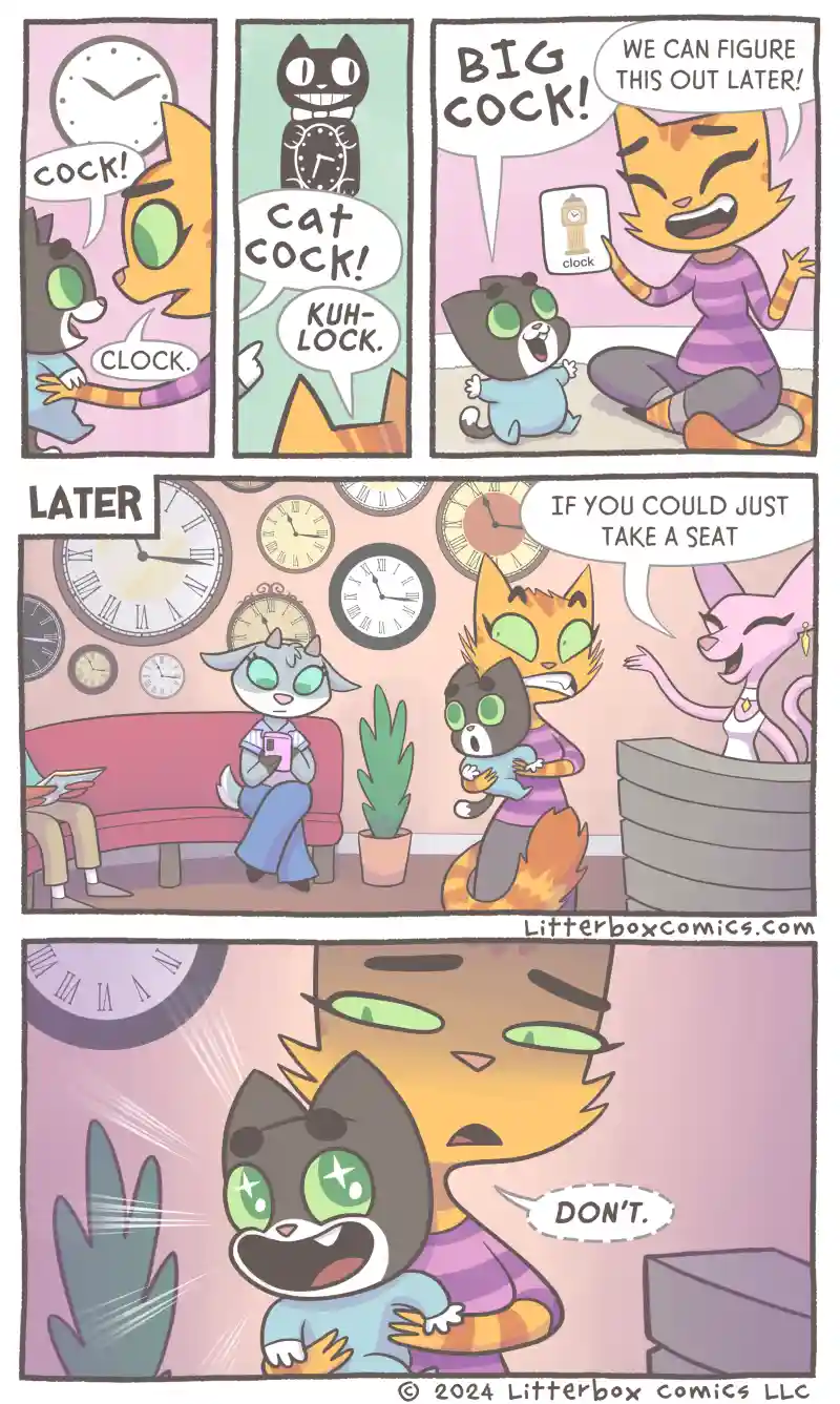 A comic strip shows two cats mispronouncing 'clock' as 'cock' and 'kuh-lock', leading to a humorous misunderstanding. Later…