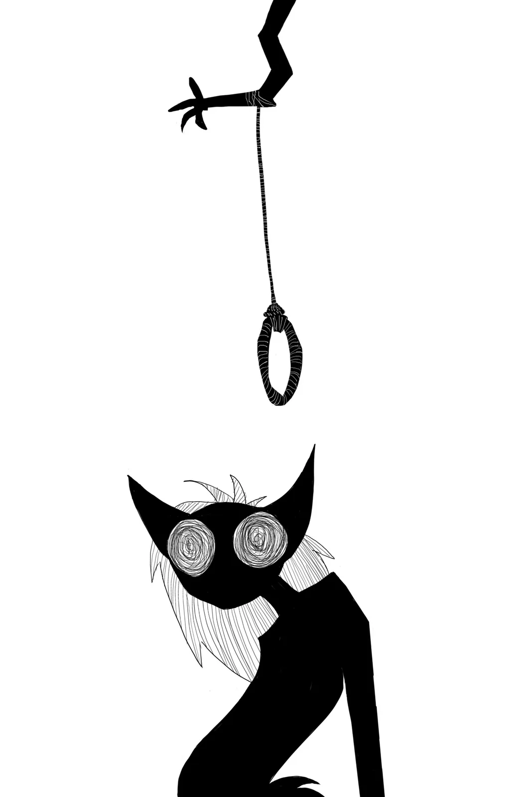 A black-and-white drawing shows a stylized, cat-eared character with spiraling eyes looking up at a noose hanging from a…