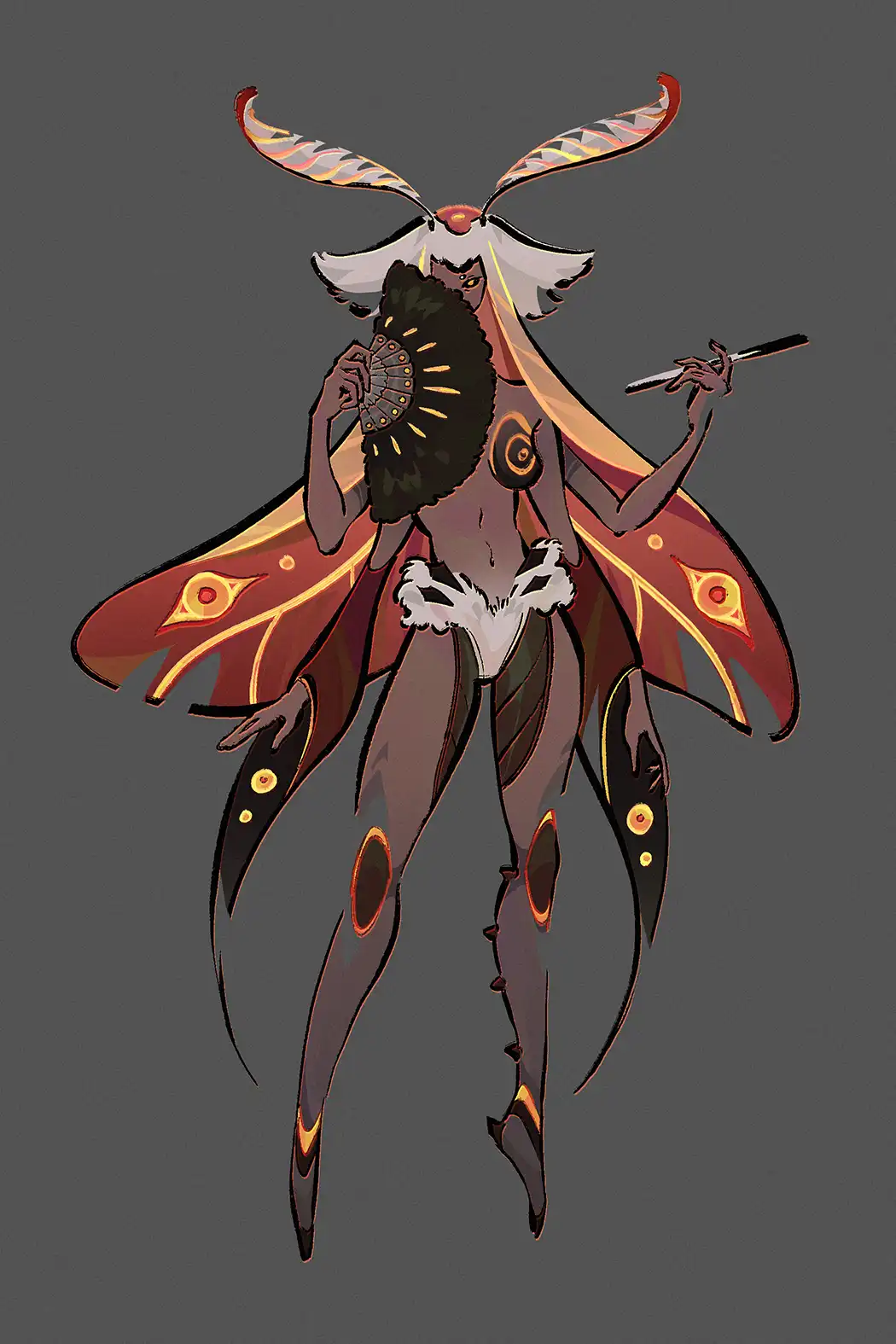 An anime-style illustration of a humanoid moth with large, patterned wings, antennae, and a fan-like headpiece, holding a…