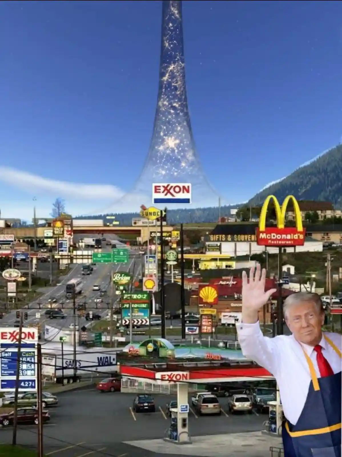 A digitally altered image shows a suburban gas station and shopping area with Exxon, McDonald's, and other commercial signs…