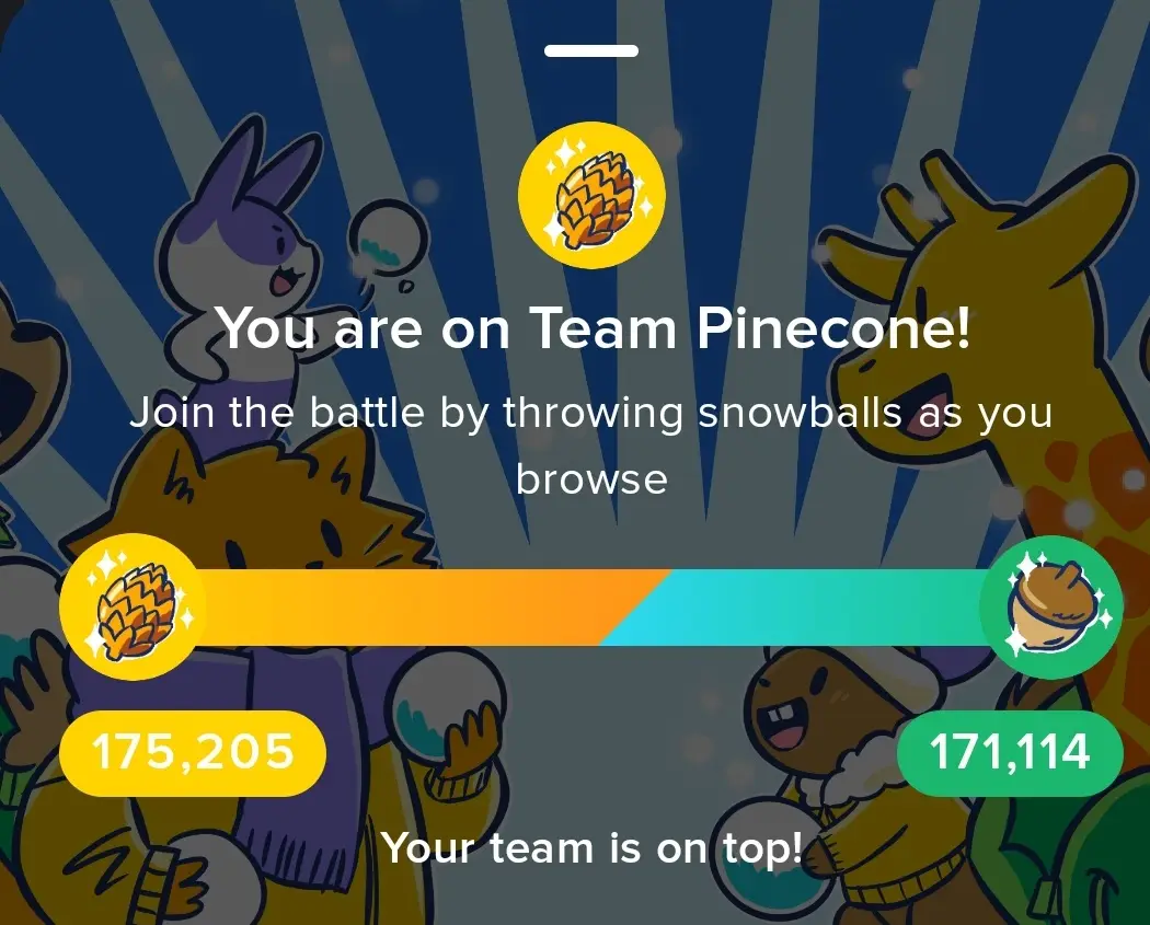 A screenshot from a mobile game interface showing a team battle between 'Team Pinecone' and 'Team Acorn'. The pinecone team…