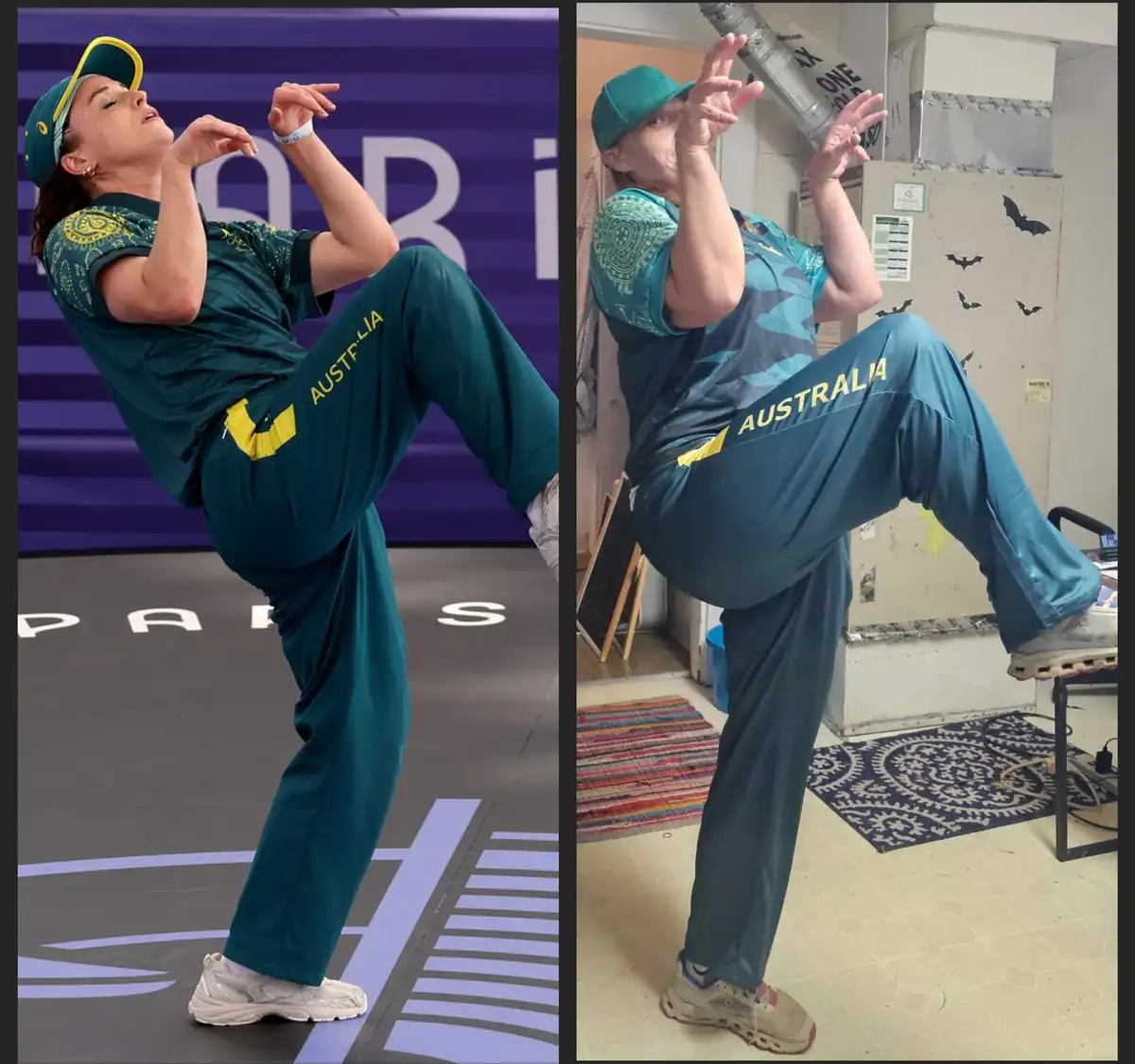 A split image shows a female athlete in an Australia team uniform striking a dynamic, high-kicking pose. The left panel is a…