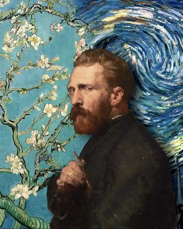 A composite image merges Vincent van Gogh's self-portrait with elements from his famous painting 'The Starry Night,' showing…