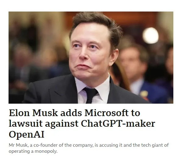 A photo of Elon Musk looking serious and slightly annoyed, overlaid with the text 'Elon Musk adds Microsoft to lawsuit…