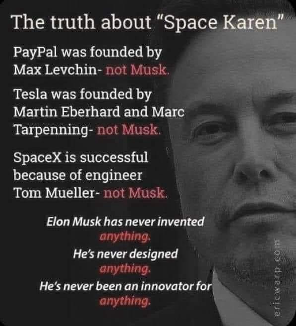 A black-and-white image of Elon Musk's face with white and red text overlaid listing false claims about his contributions to…