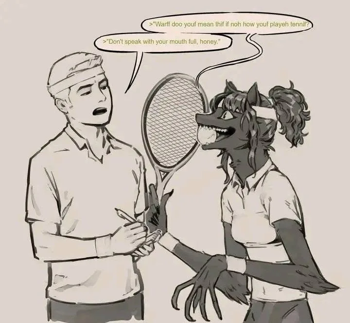 A cartoon drawing shows a human man holding a tennis racket and a notepad, looking annoyed at a wolf-like woman who is…
