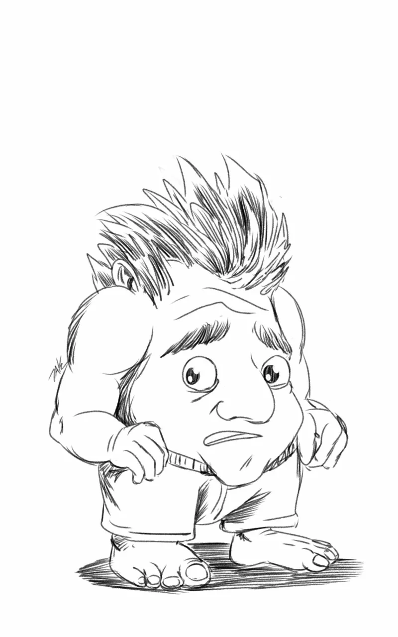 A black-and-white cartoon drawing shows a muscular, spiky-haired character with a worried expression, holding a pencil to…