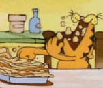 A cartoon tiger sits at a table with a large pile of food, initially looking exhausted or overwhelmed. In the next frames…