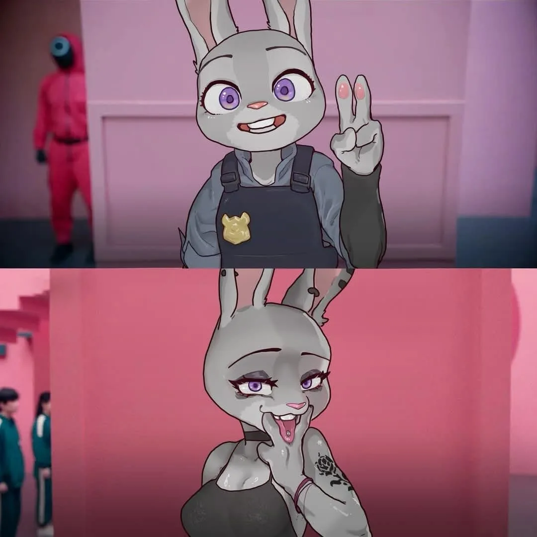 The image is a two-panel meme. The top panel shows Judy Hopps from Zootopia, smiling cheerfully while making a peace sign…