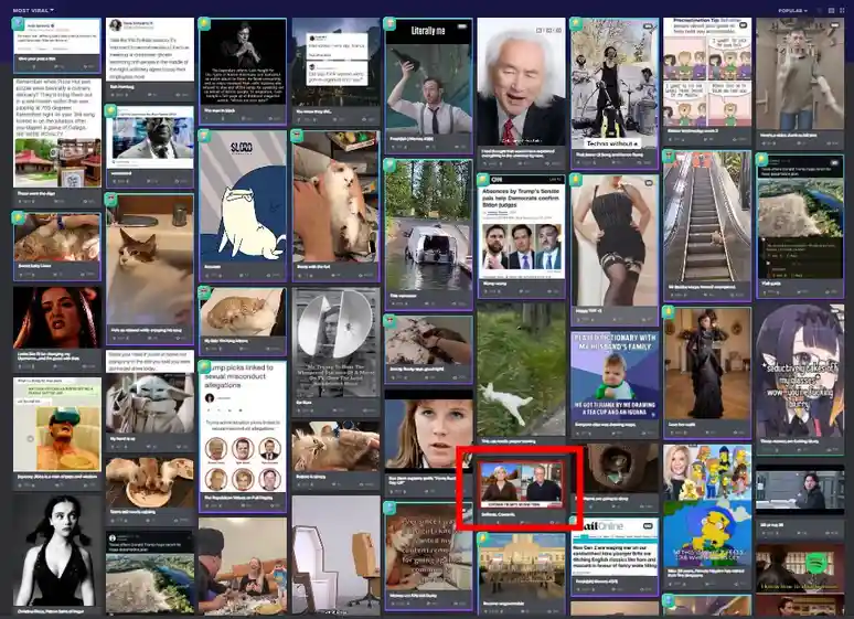 A screenshot of a social media feed grid with a red box highlighting a small video thumbnail showing two men in suits…