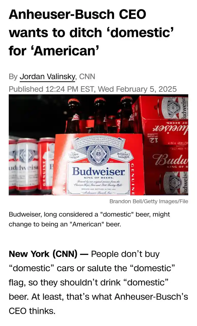A screenshot of a CNN article from February 5, 2025, about Anheuser-Busch CEO wanting to change Budweiser's label from…