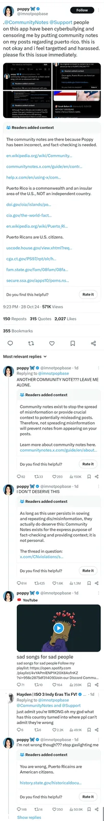A screenshot of a Twitter/X thread by user @imnotpopbase complaining that community notes are being placed on her posts…