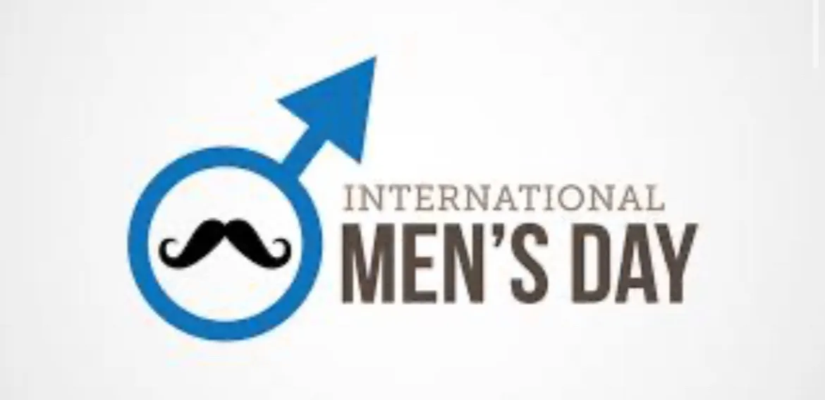 A promotional graphic for International Men's Day features a blue male gender symbol with a black mustache inside the…