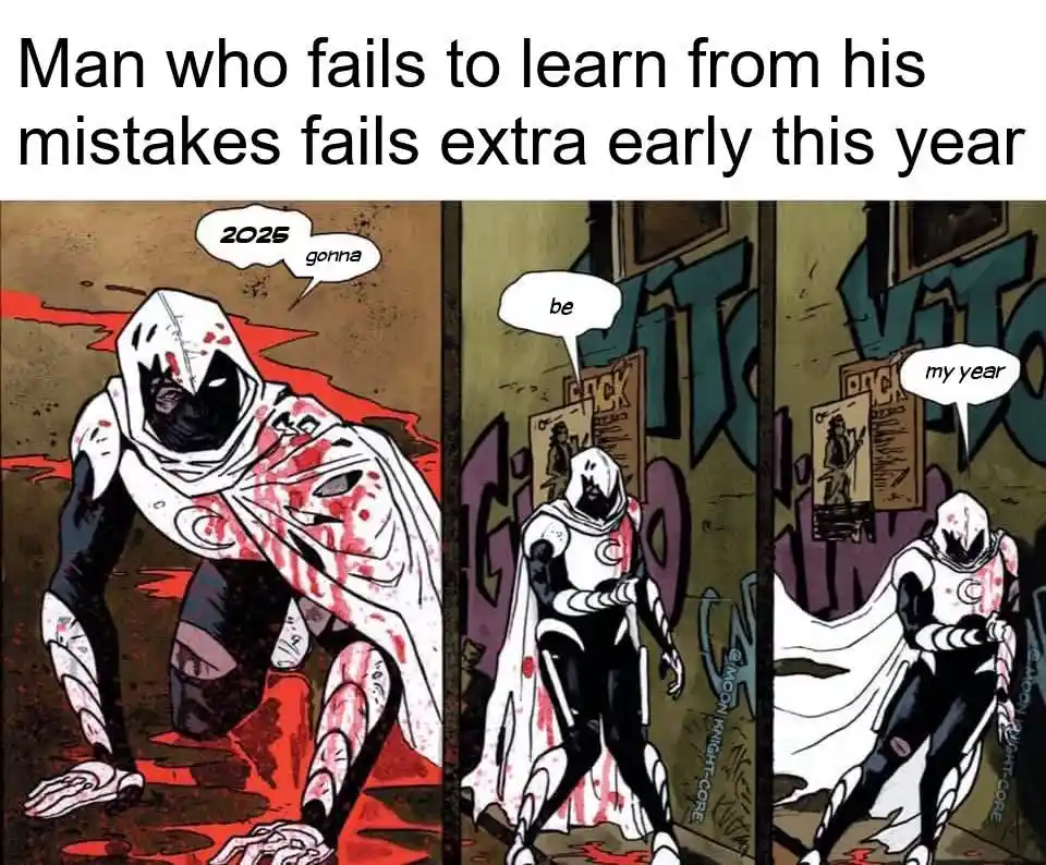 A three-panel comic strip featuring the character Moon Knight. In the first panel, he's bloodied and kneeling, thinking…