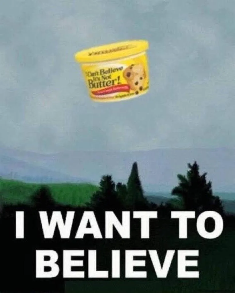 A yellow tub of 'I Can't Believe It's Not Butter!' floats in the sky above a landscape of trees and hills. Large white text…