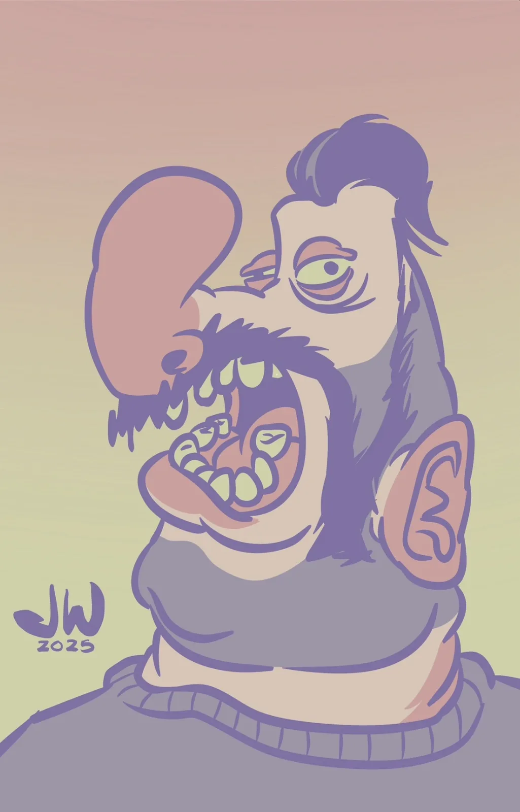A cartoon illustration of a man with exaggerated features, including a large, open mouth showing teeth, a prominent ear, and…