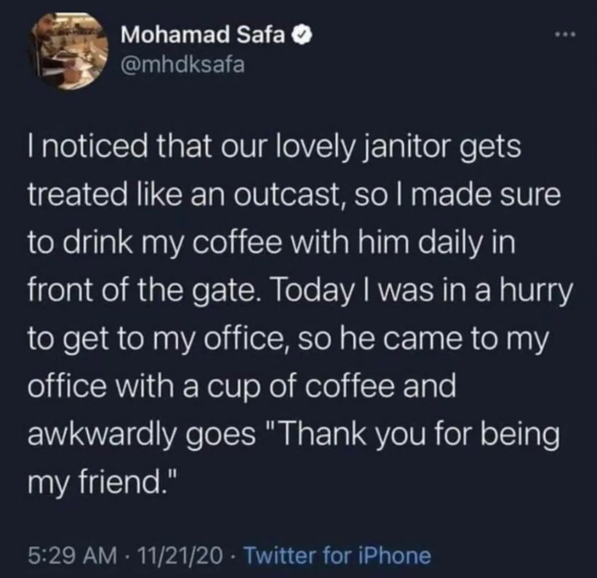 A screenshot of a tweet by Mohammad Safa showing a story about him befriending his janitor by drinking coffee with him…
