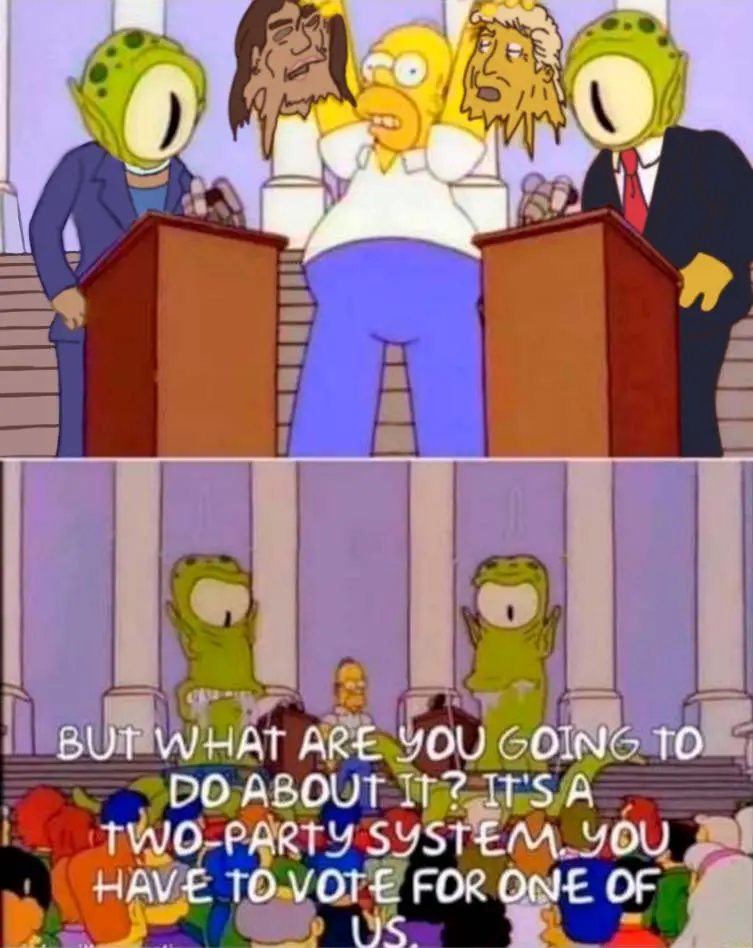 The image is a two-panel meme from The Simpsons. The top panel shows Homer Simpson standing between two alien-like figures…