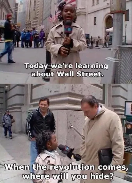 A two-panel meme featuring a young Black girl in a beige trench coat holding a microphone, speaking to a crowd on a city…