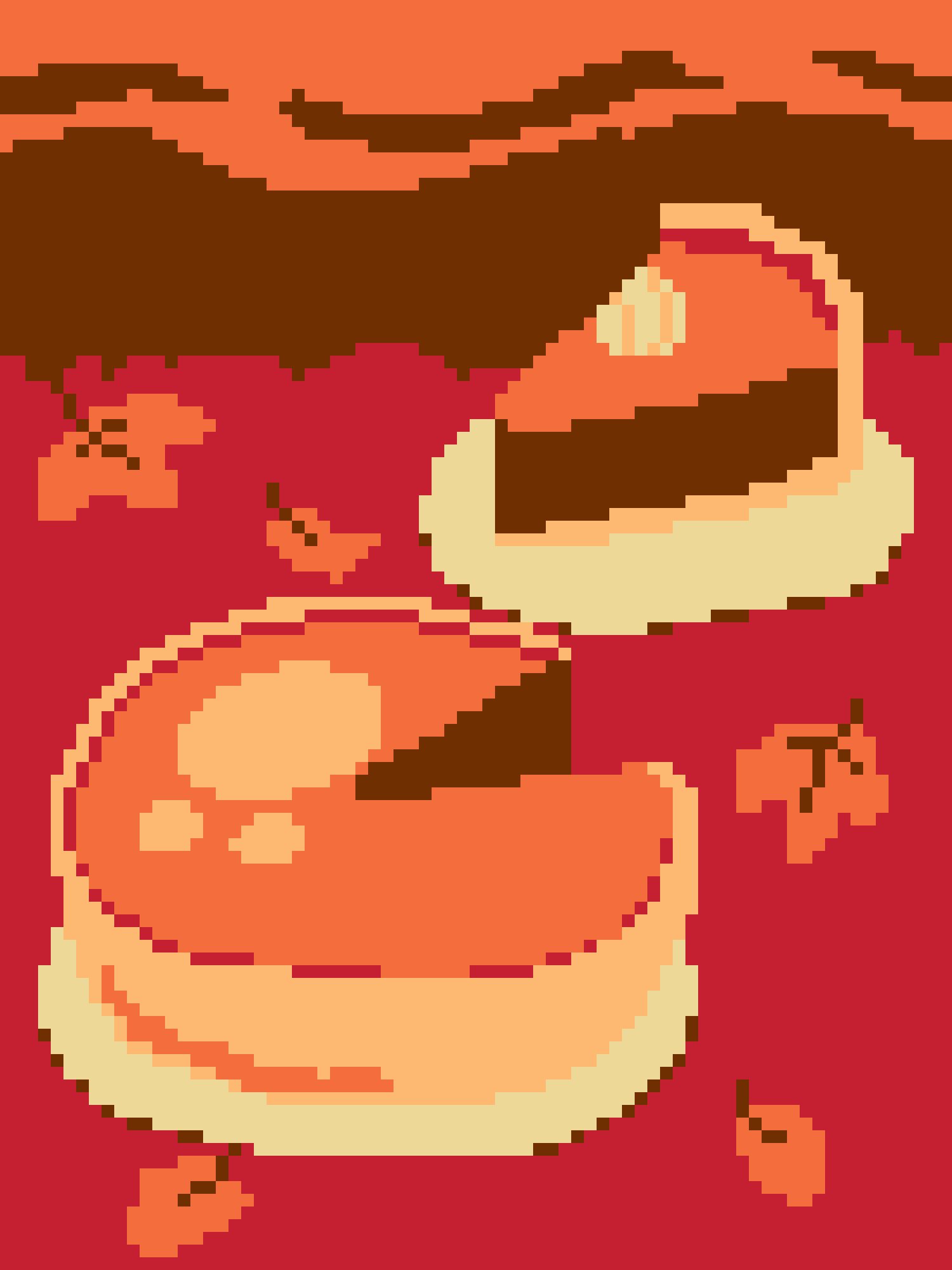 A pixelated, low-resolution image shows a cartoonish, round, orange creature with a wide, toothy grin and small limbs, set…