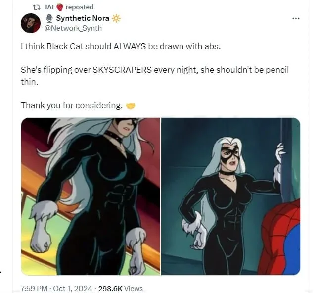 The image displays two side-by-side panels of the animated character Black Cat in her black catsuit. In both panels, she has…