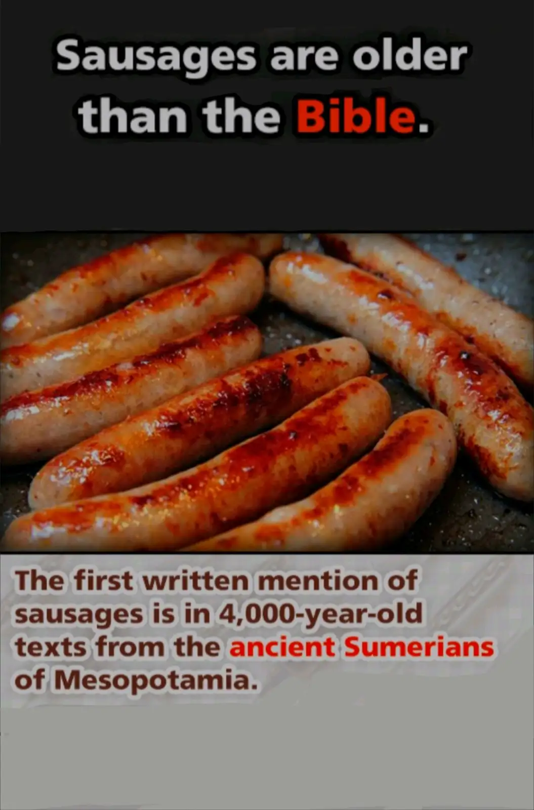 The image shows a close-up of several grilled sausages sizzling on a pan, with text overlaid at the top stating 'Sausages…