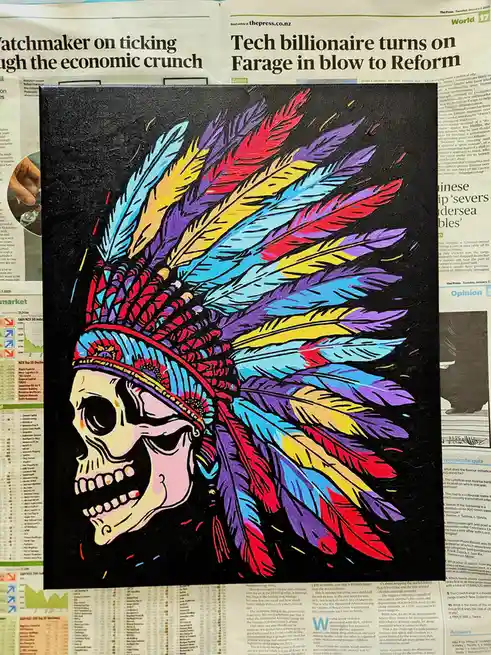A colorful painting of a skull wearing a vibrant, multi-colored feather headdress is placed on top of a newspaper. The…